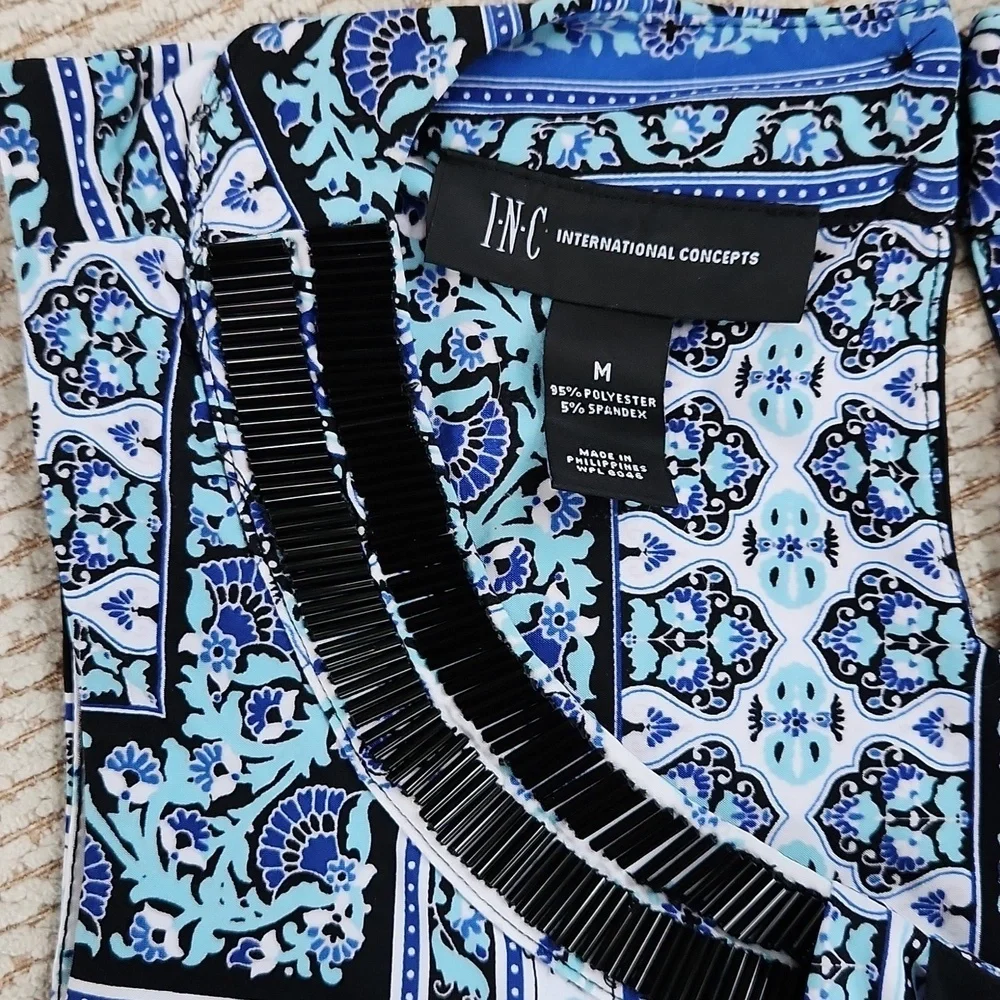 INC Blue and White Sleeveless Tank Top with Mandarin Collar, Size Medium